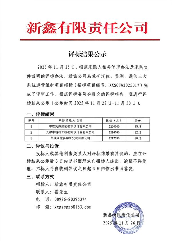 《新鑫公司乌兰矿定位、监测、通信三大系统运营维护项目》评标结果公示